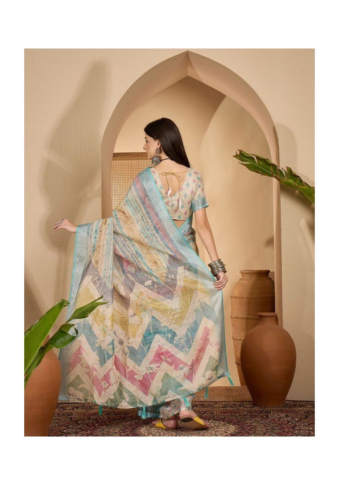 Malishka Export Beige Linen Cotton Digital Print Saree for Women - Image 2